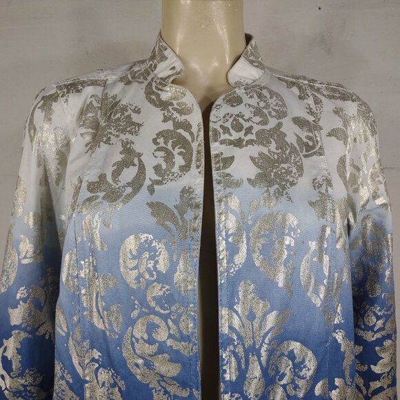 Chico's ombre blue white silver damask open front denim jacket ladies size 1 - Picture 2 of 7